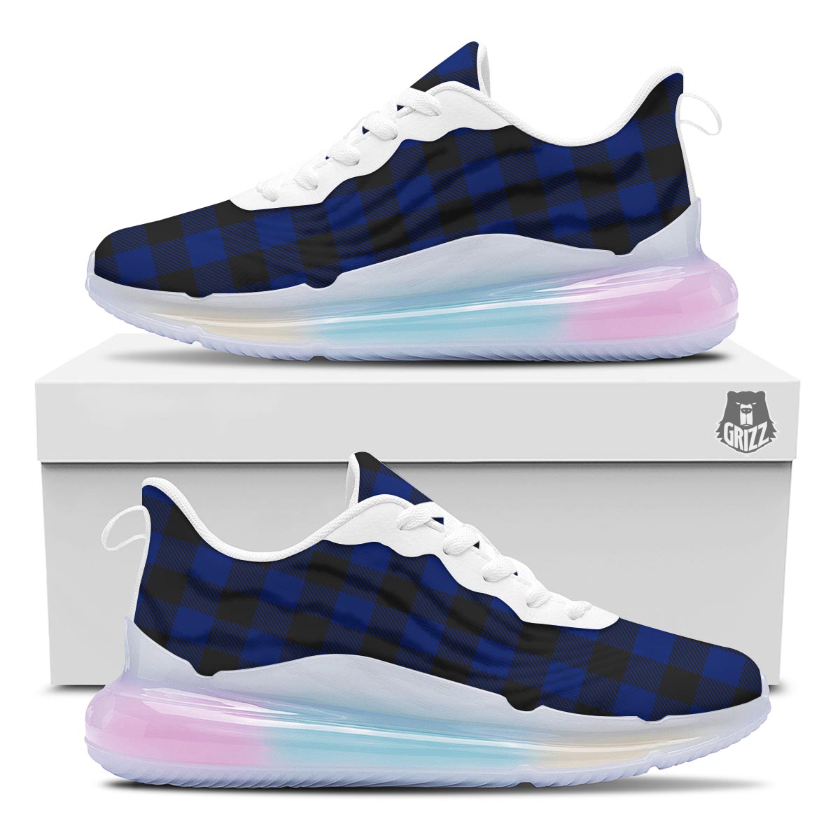 Blue And Black Steel Buffalo Check Print Pattern Running Sneakers-grizzshop