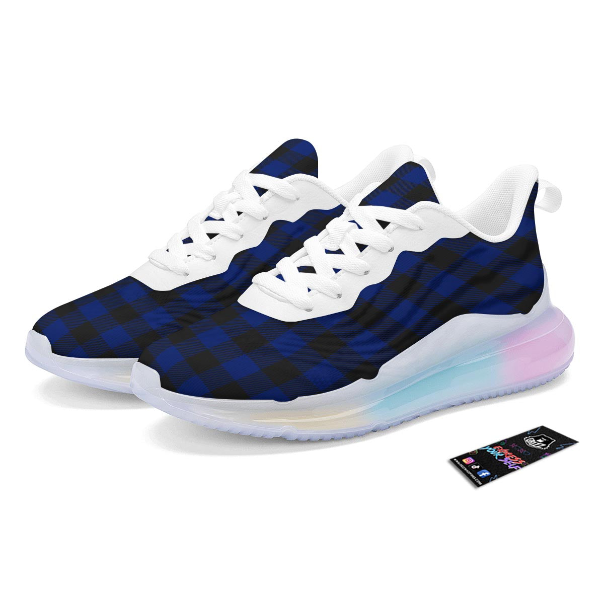 Blue And Black Steel Buffalo Check Print Pattern Running Sneakers-grizzshop