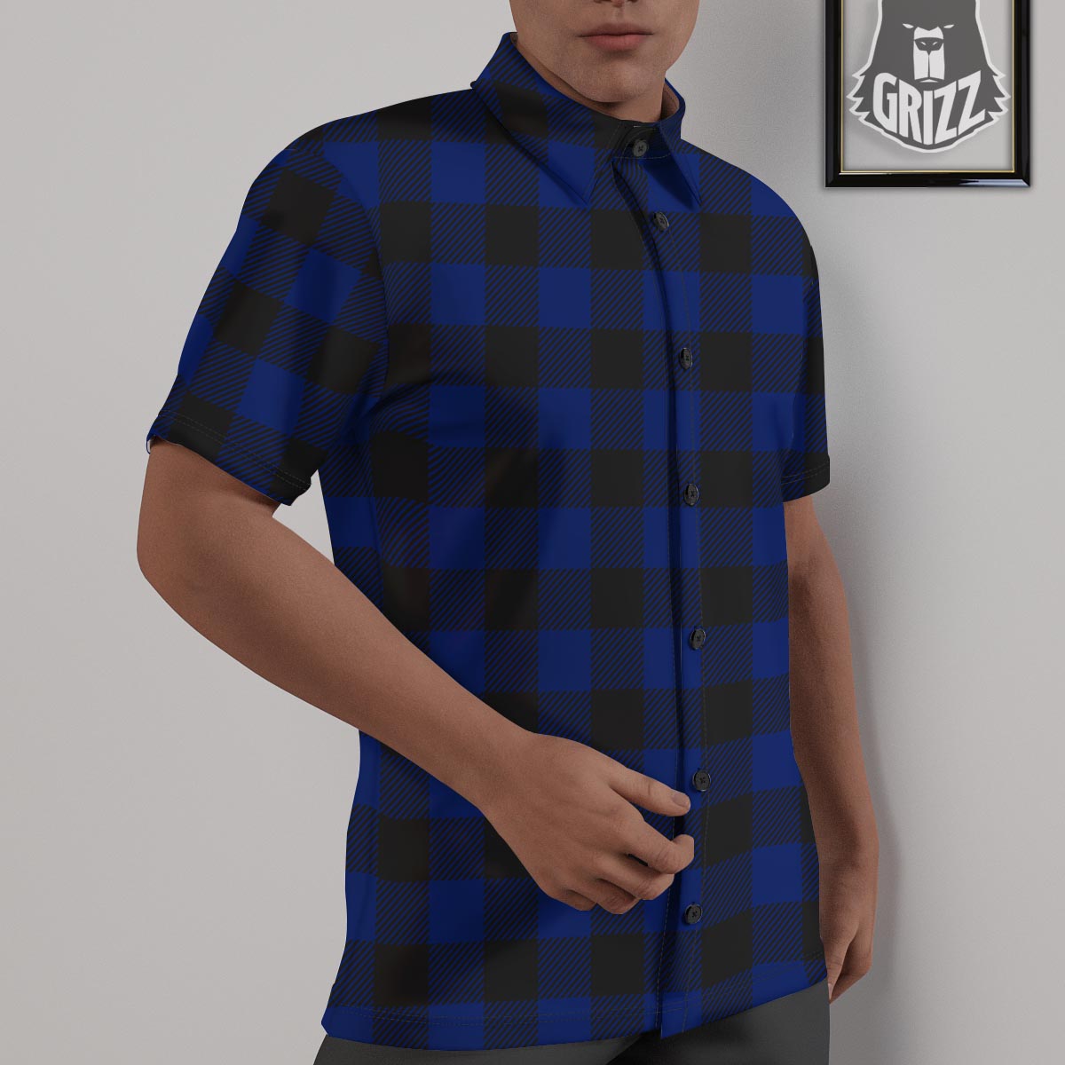 Blue And Black Steel Buffalo Check Print Pattern Untucked Shirts-grizzshop