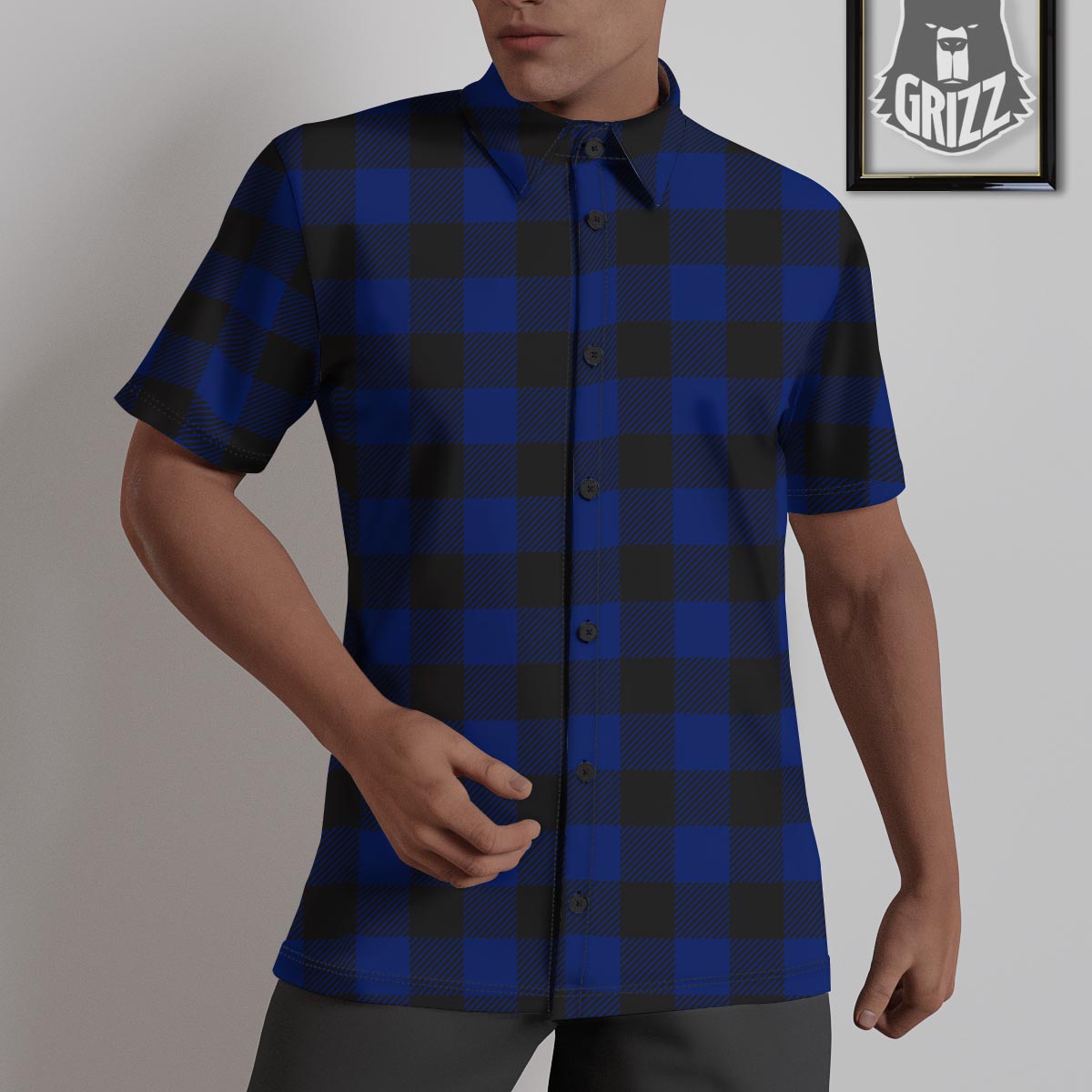 Blue And Black Steel Buffalo Check Print Pattern Untucked Shirts-grizzshop