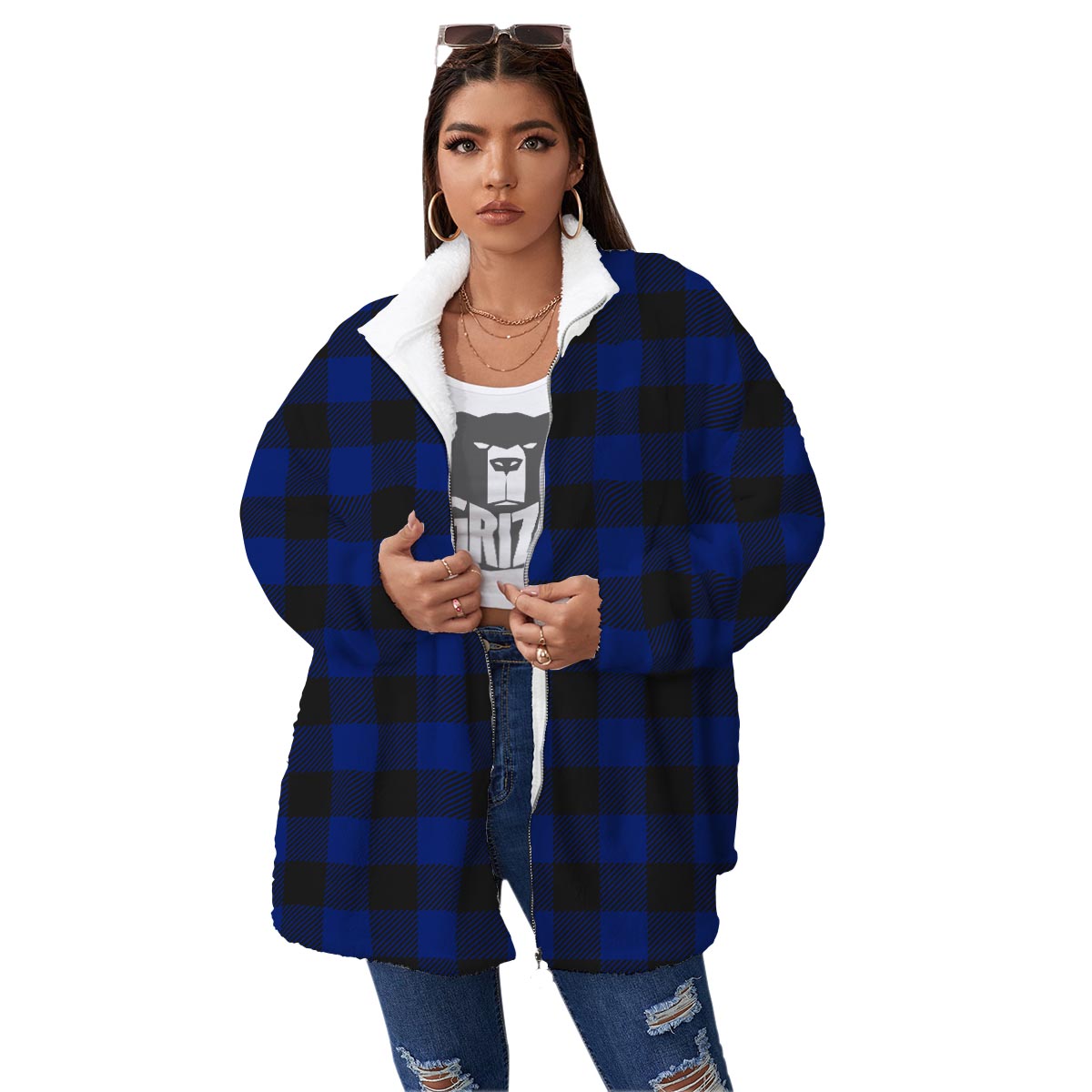 Blue And Black Steel Buffalo Check Print Pattern Women's Sherpa Jacket-grizzshop