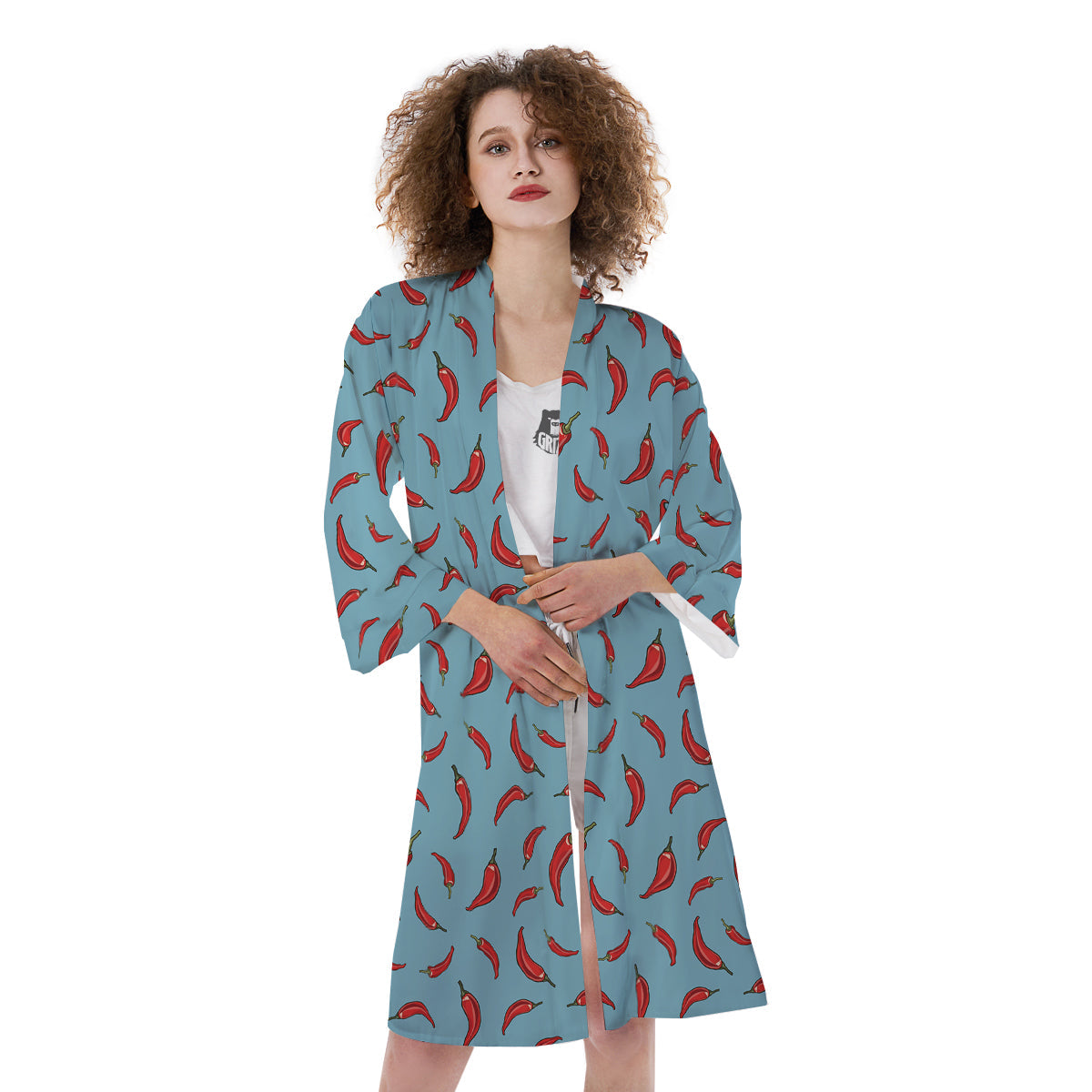 Blue And Chili Pepper Print Pattern Kimono-grizzshop