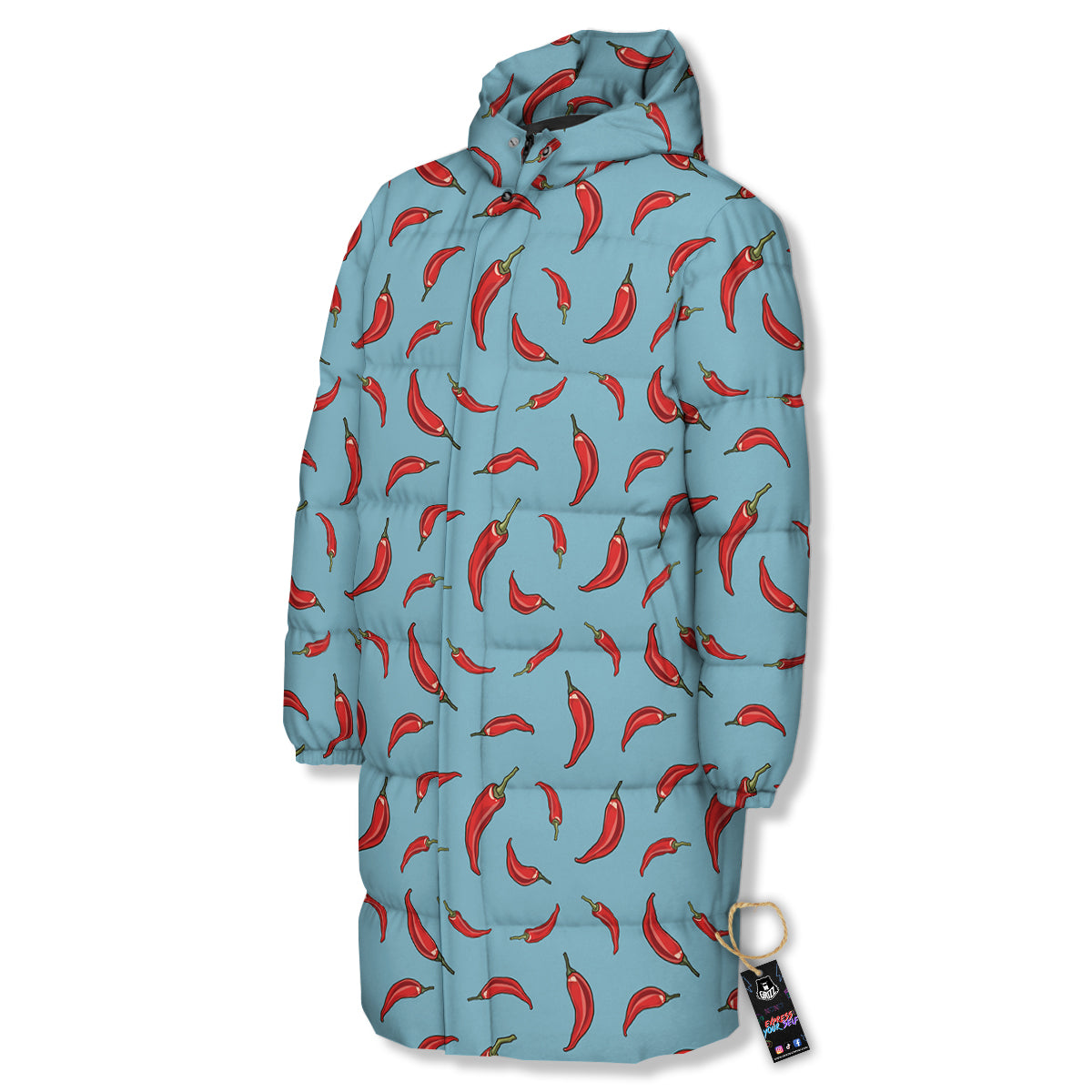 Blue And Chili Pepper Print Pattern Long Down Jacket-grizzshop