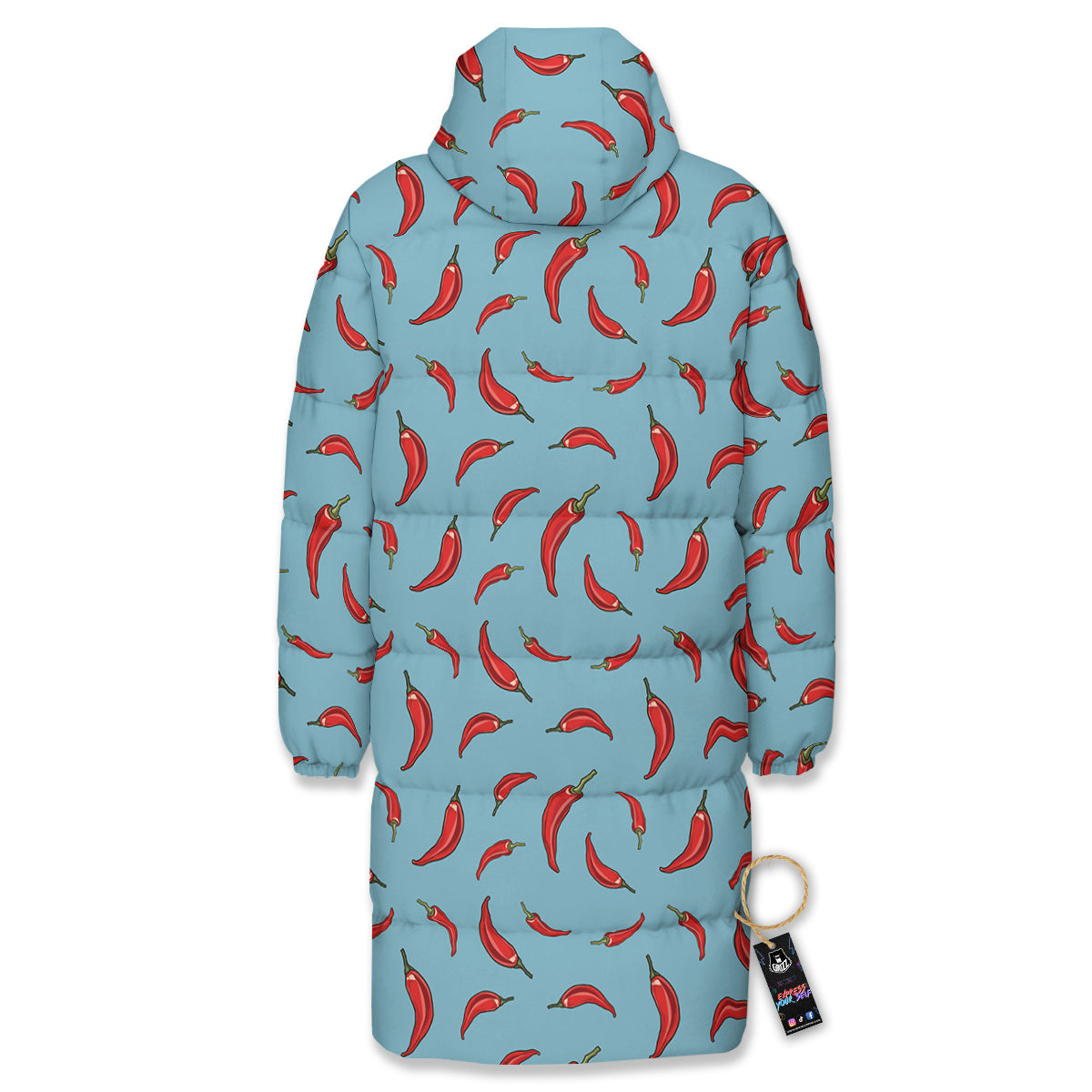 Blue And Chili Pepper Print Pattern Long Down Jacket-grizzshop