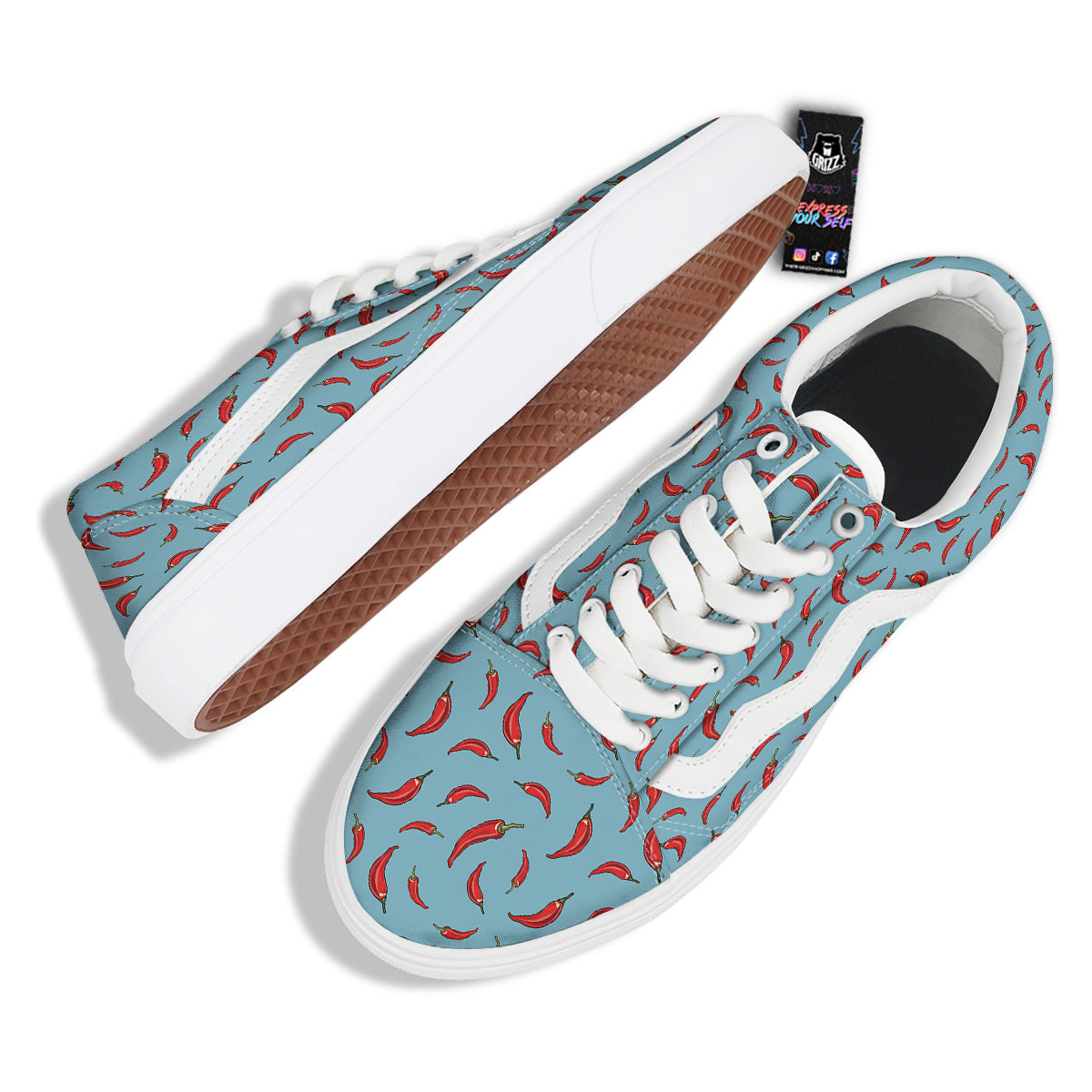 Blue And Chili Pepper Print Pattern Skate Shoes-grizzshop