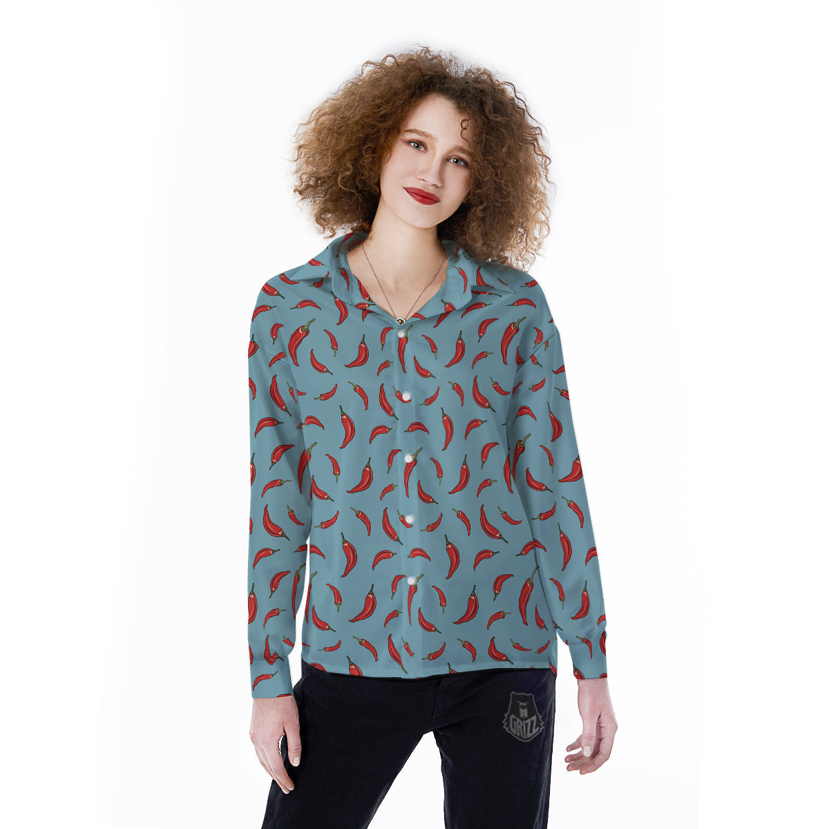 Blue And Chili Pepper Print Pattern Women's Long Sleeve Shirts-grizzshop
