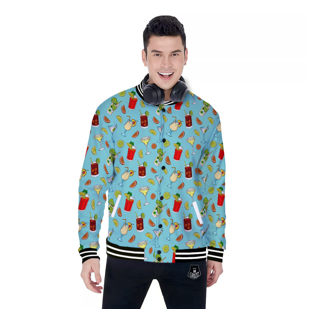 Blue And Cocktail Print Pattern Baseball Jacket-grizzshop