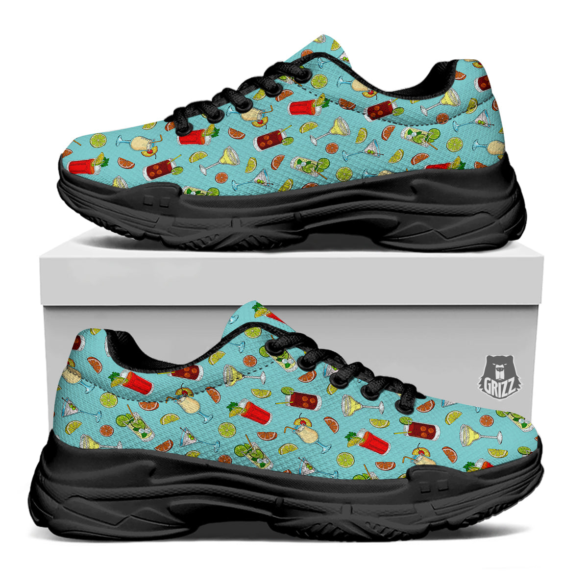 Blue And Cocktail Print Pattern Black Chunky Shoes-grizzshop