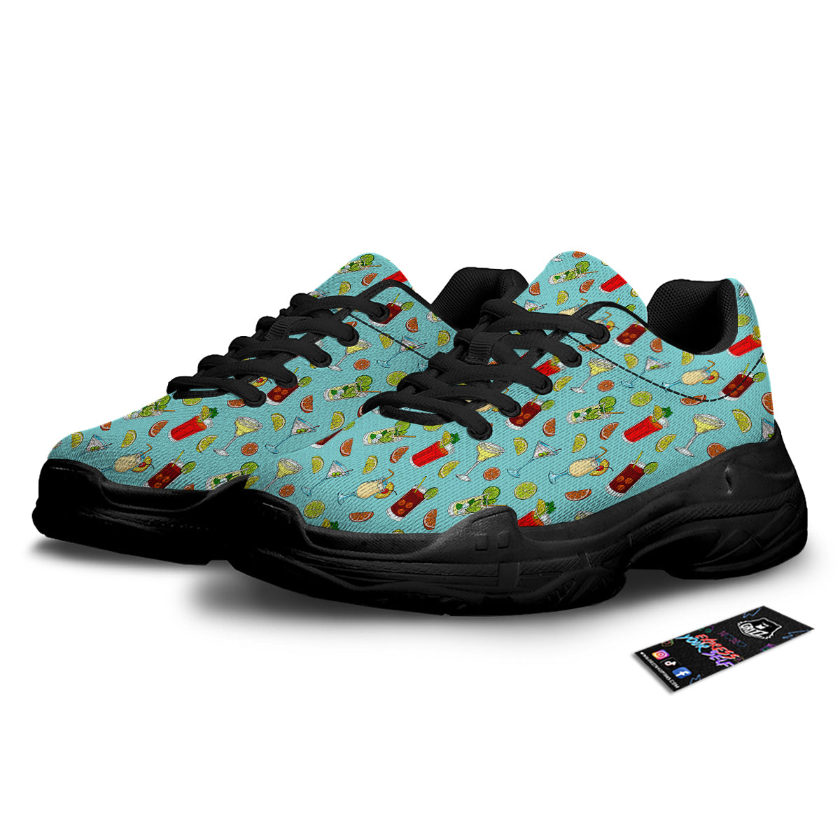 Blue And Cocktail Print Pattern Black Chunky Shoes-grizzshop