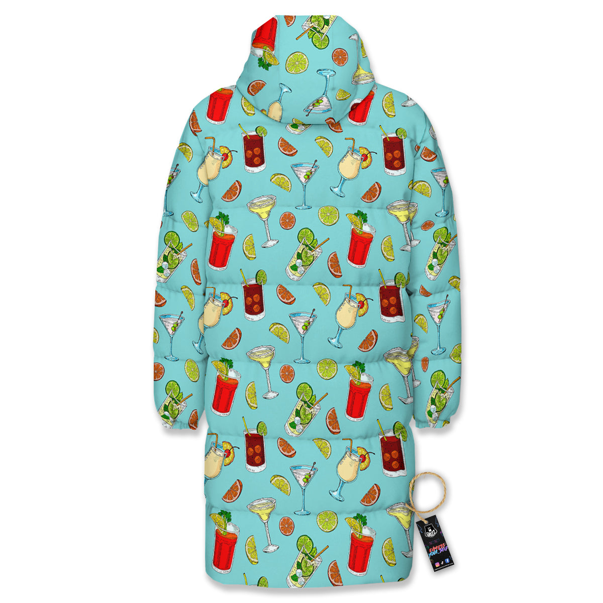 Blue And Cocktail Print Pattern Long Down Jacket-grizzshop