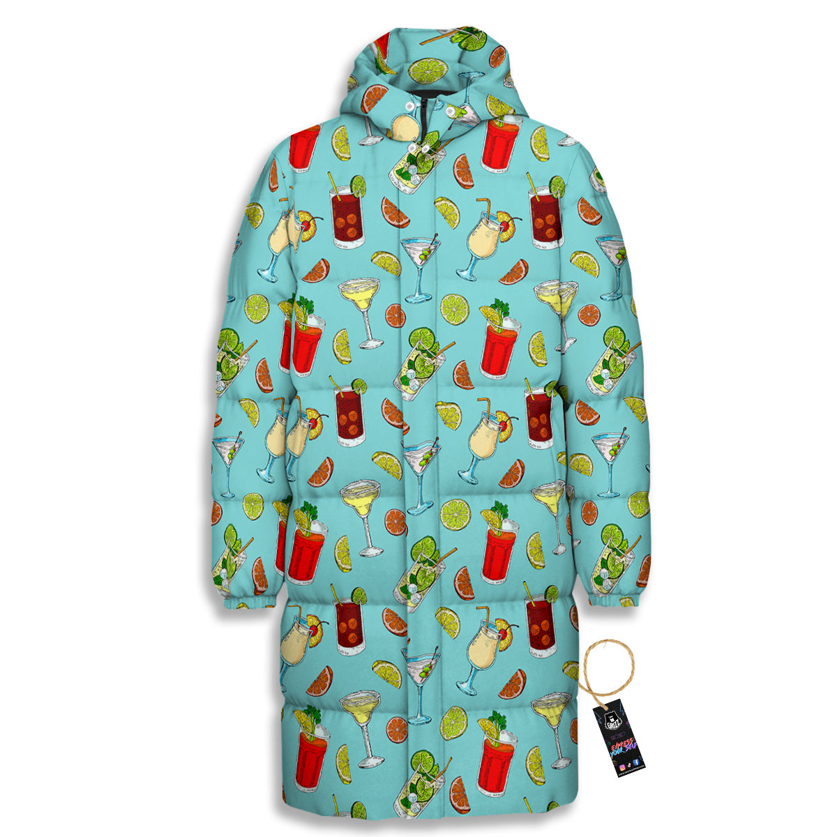 Blue And Cocktail Print Pattern Long Down Jacket-grizzshop