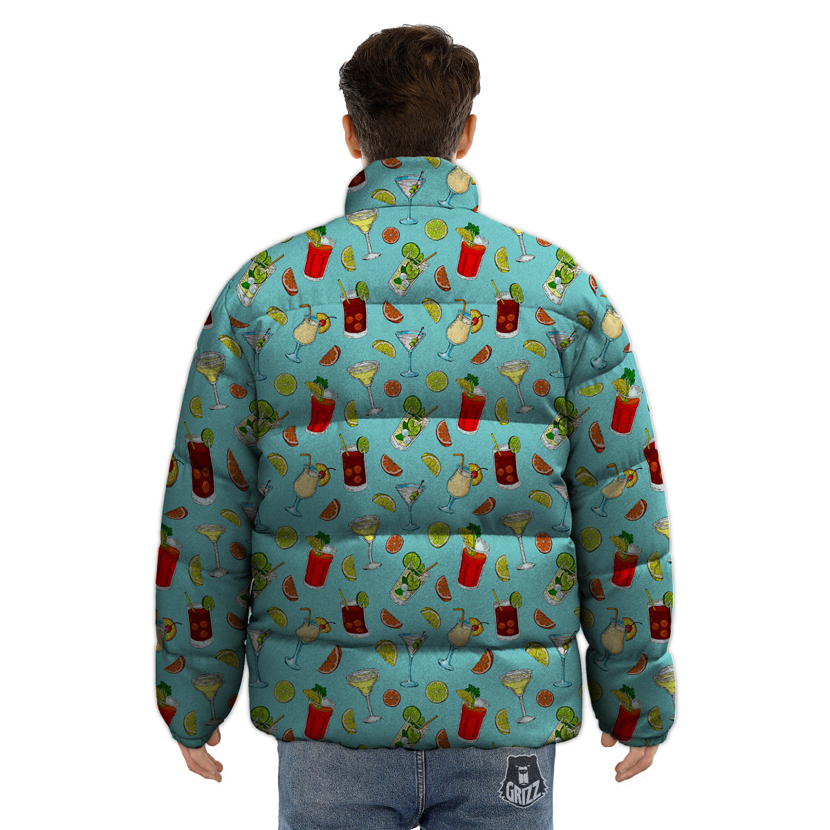 Blue And Cocktail Print Pattern Puffer Jacket-grizzshop