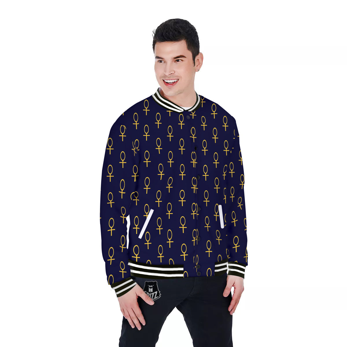 Blue And Gold Ankh Print Pattern Baseball Jacket-grizzshop