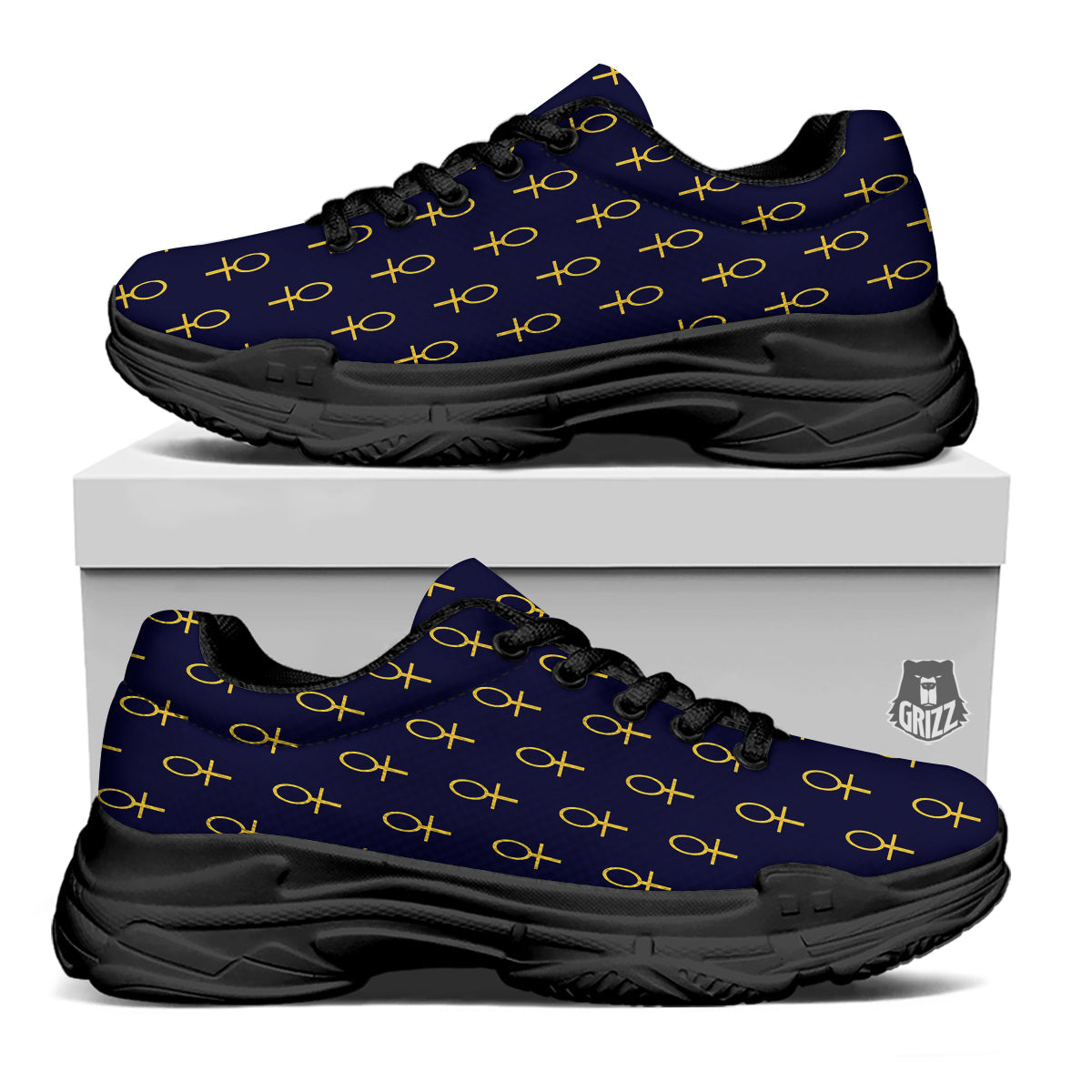 Blue And Gold Ankh Print Pattern Black Chunky Shoes-grizzshop