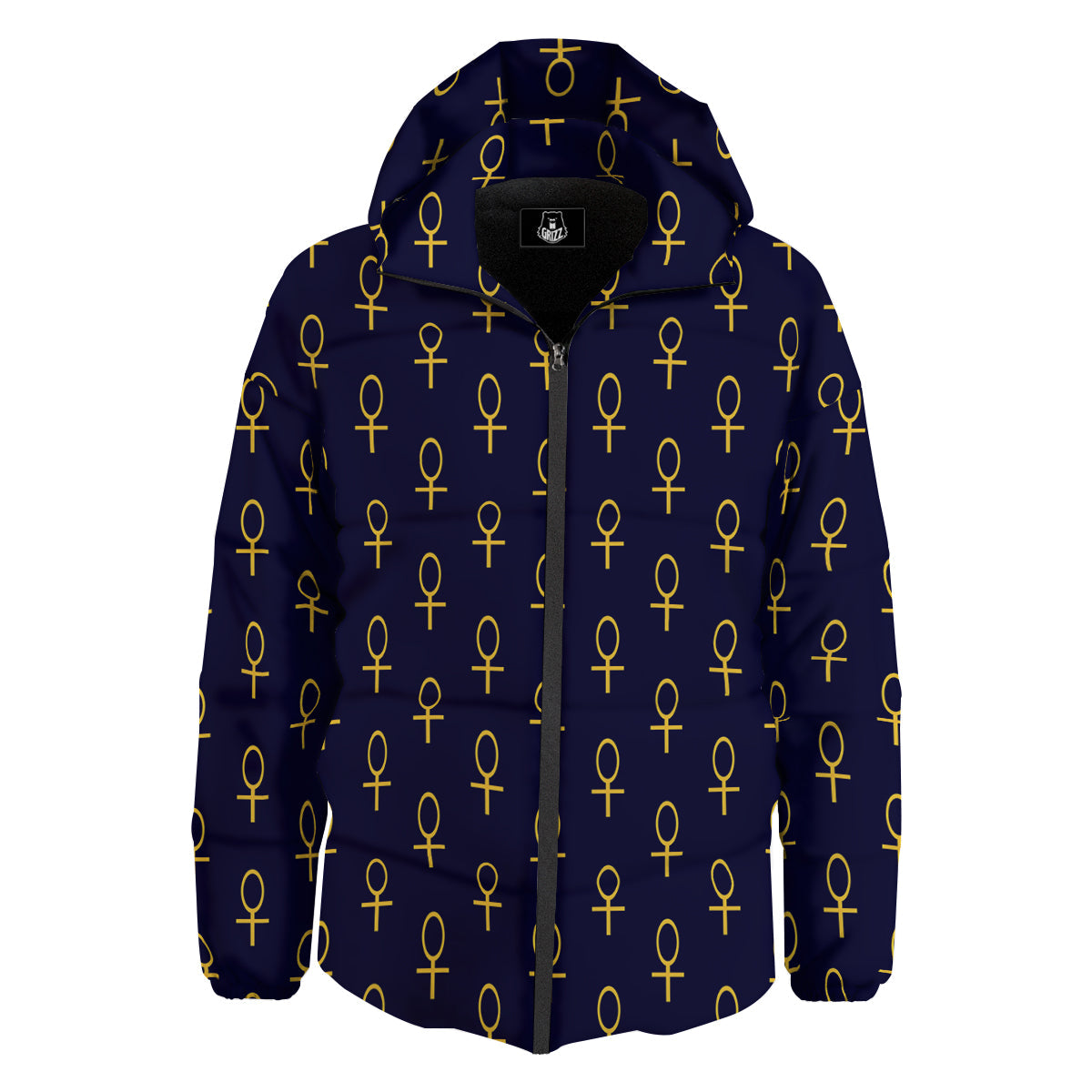 Blue And Gold Ankh Print Pattern Down Jacket-grizzshop
