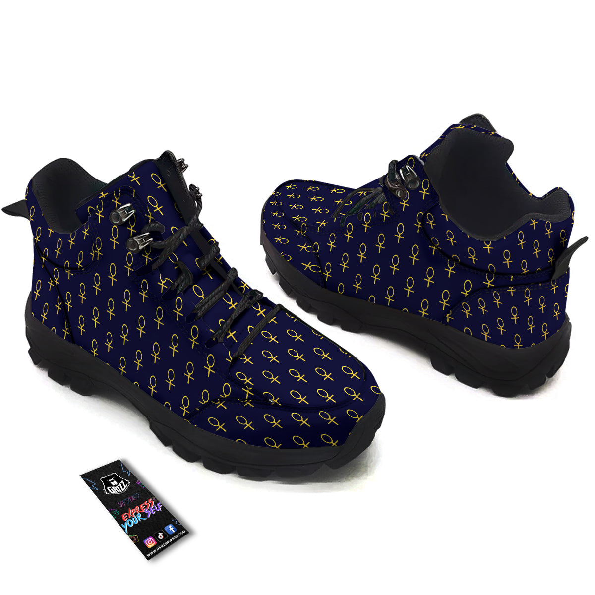 Blue And Gold Ankh Print Pattern Hiking Shoes-grizzshop
