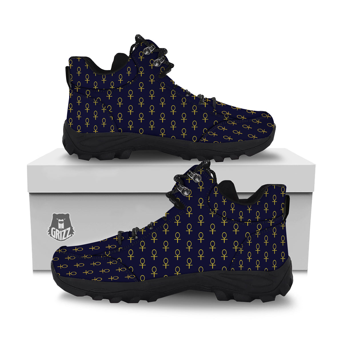 Blue And Gold Ankh Print Pattern Hiking Shoes-grizzshop