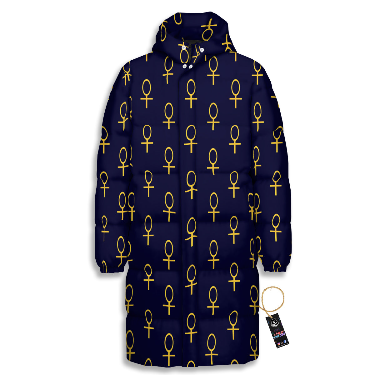 Blue And Gold Ankh Print Pattern Long Down Jacket-grizzshop
