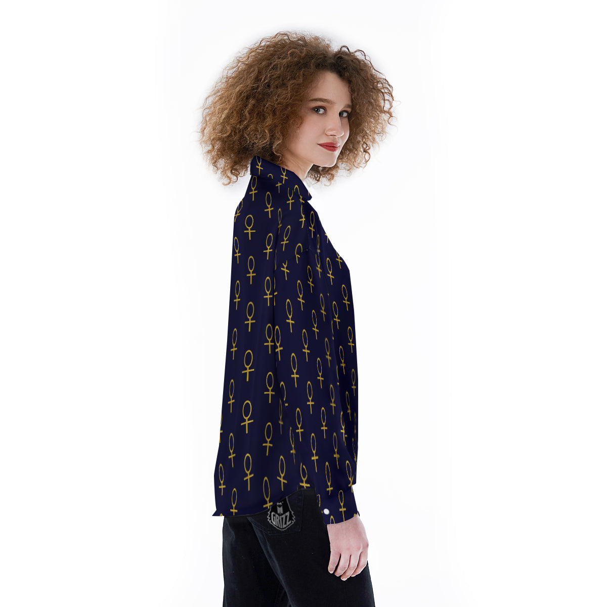 Blue And Gold Ankh Print Pattern Women's Long Sleeve Shirts-grizzshop