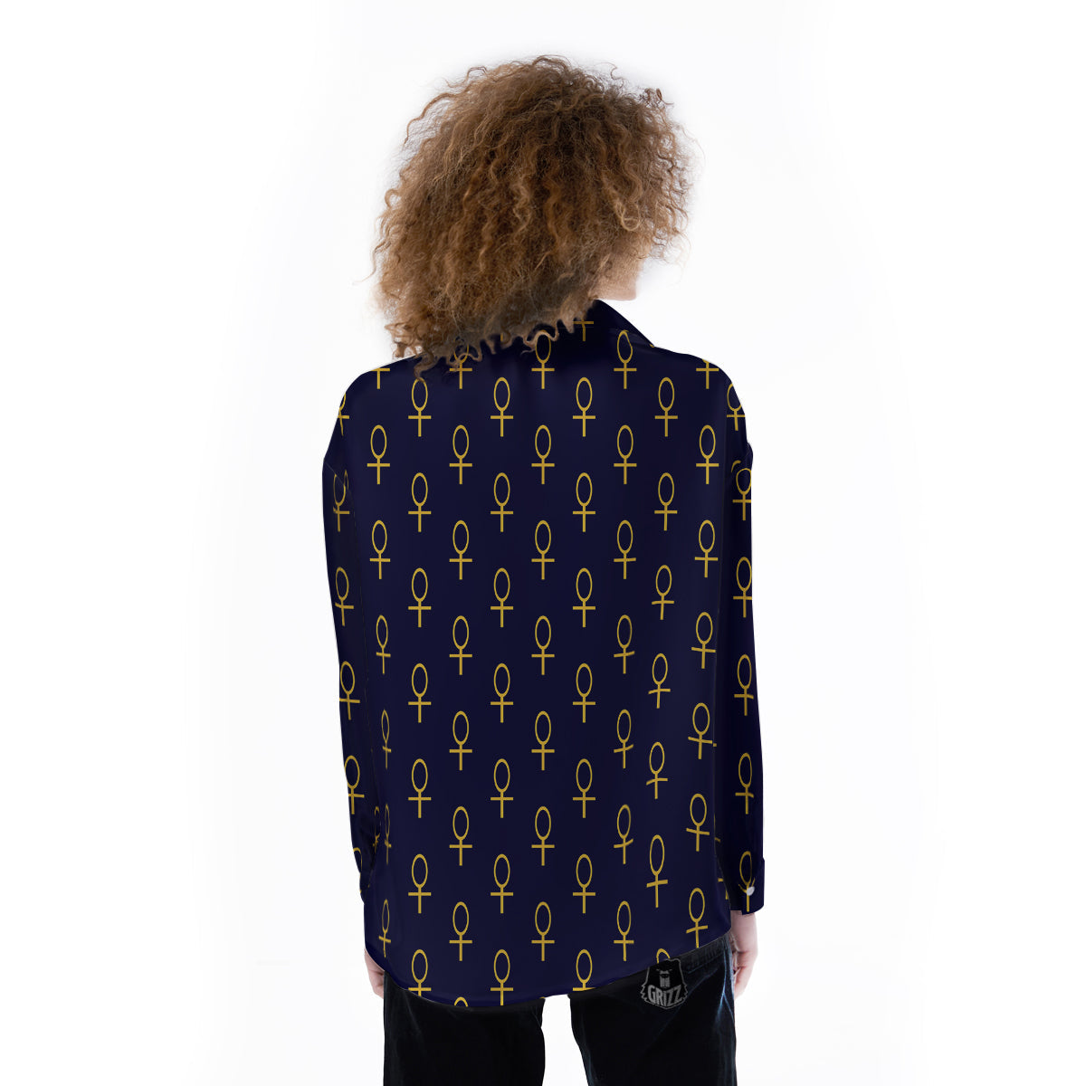 Blue And Gold Ankh Print Pattern Women's Long Sleeve Shirts-grizzshop