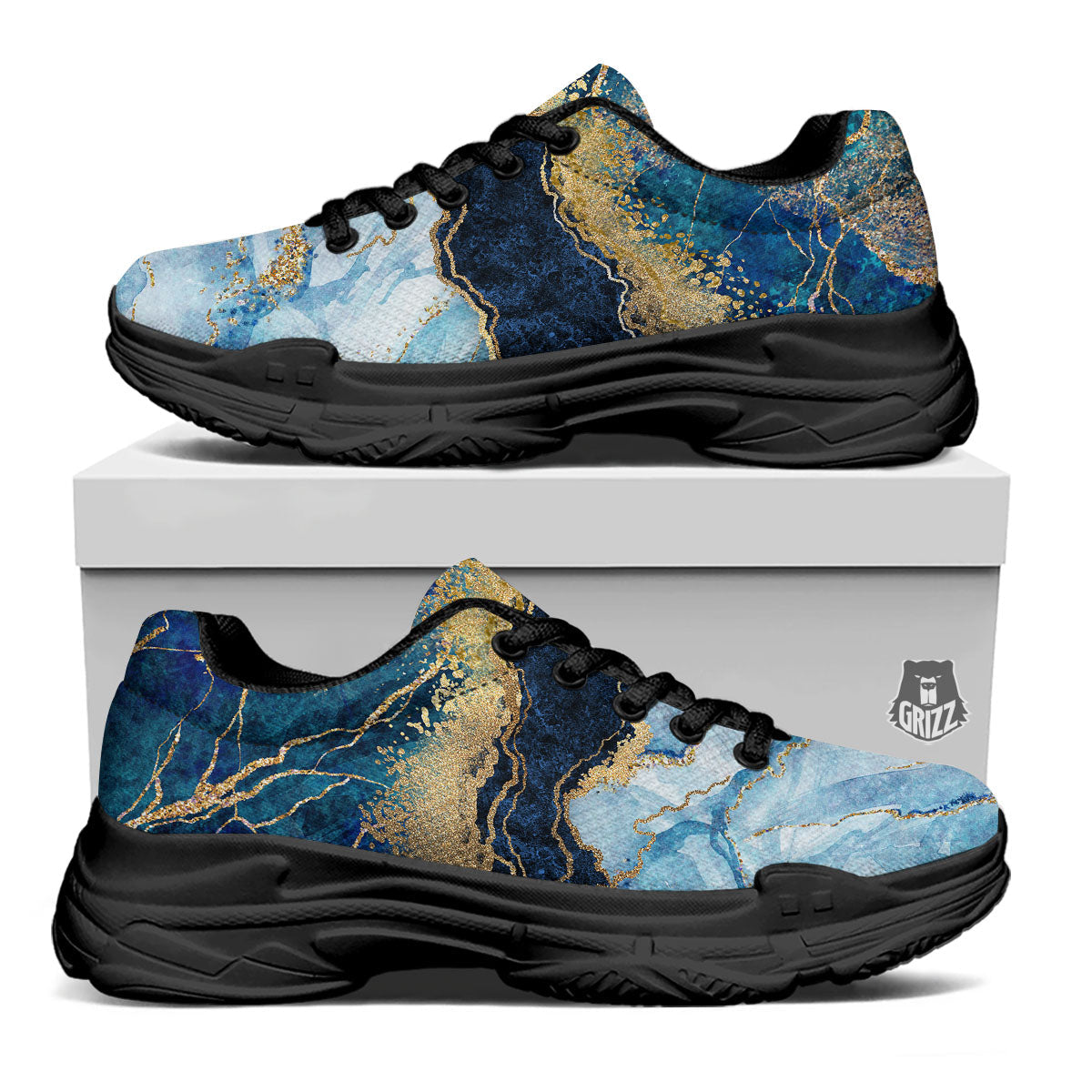 Blue And Gold Marble Print Black Chunky Shoes-grizzshop