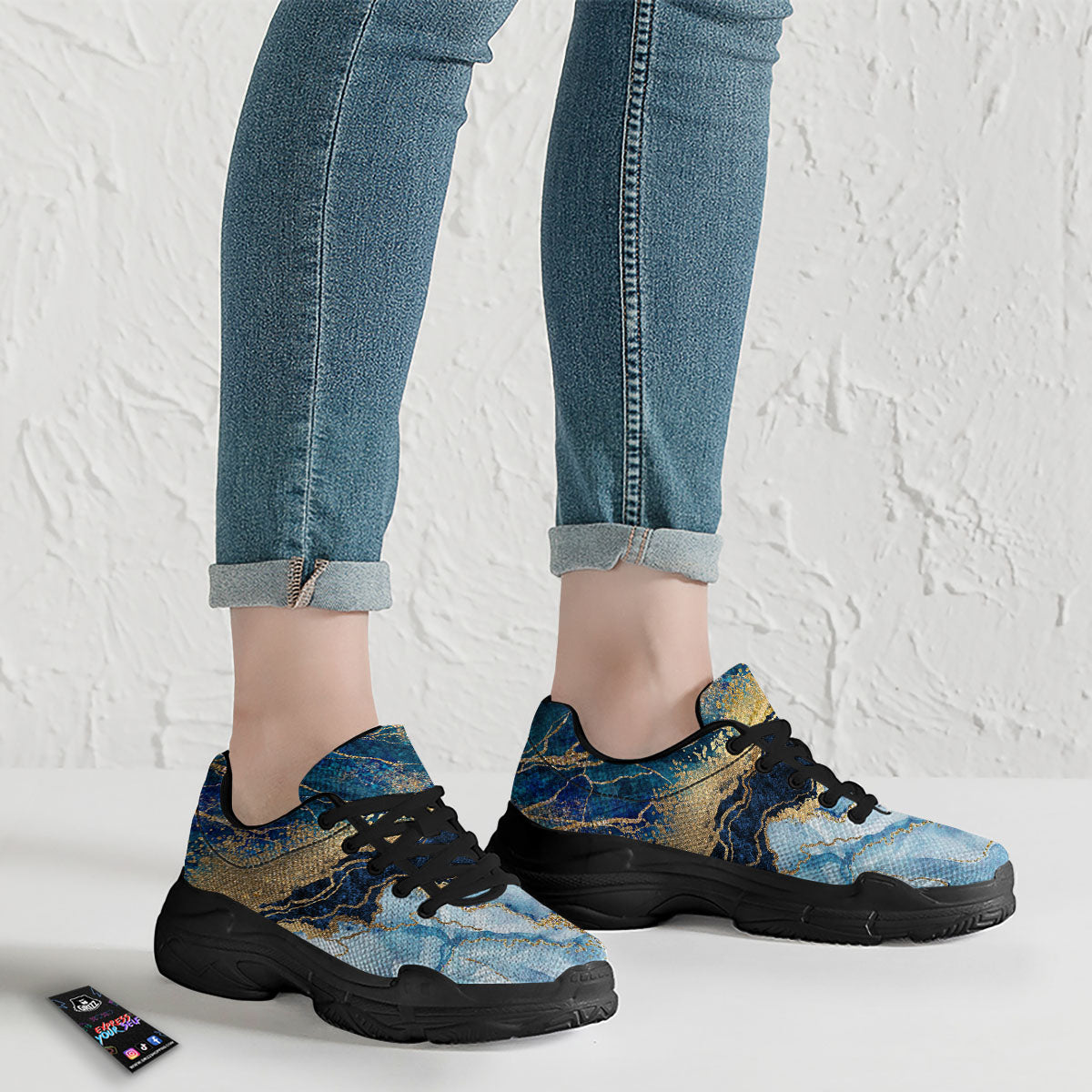 Blue And Gold Marble Print Black Chunky Shoes-grizzshop