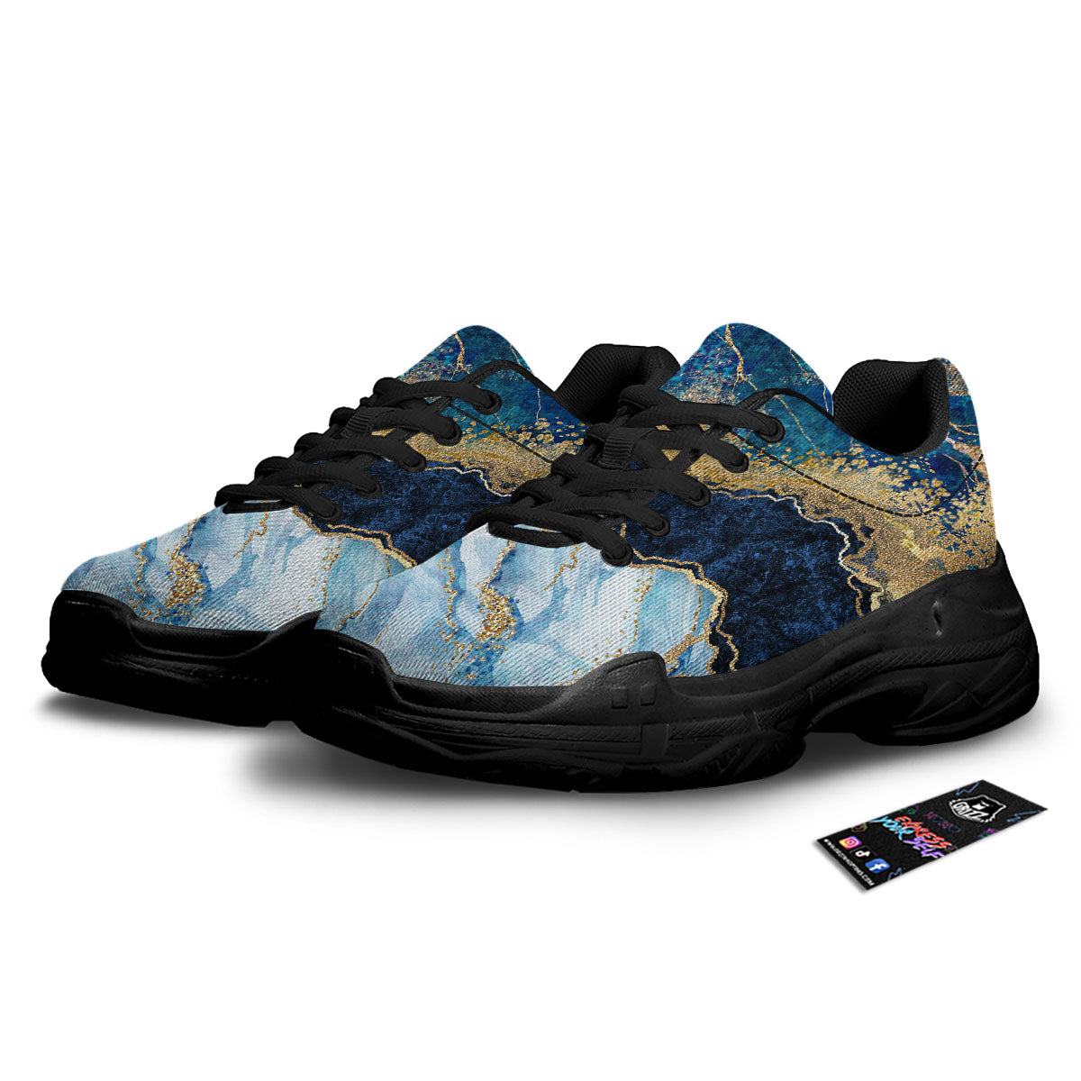 Blue And Gold Marble Print Black Chunky Shoes-grizzshop