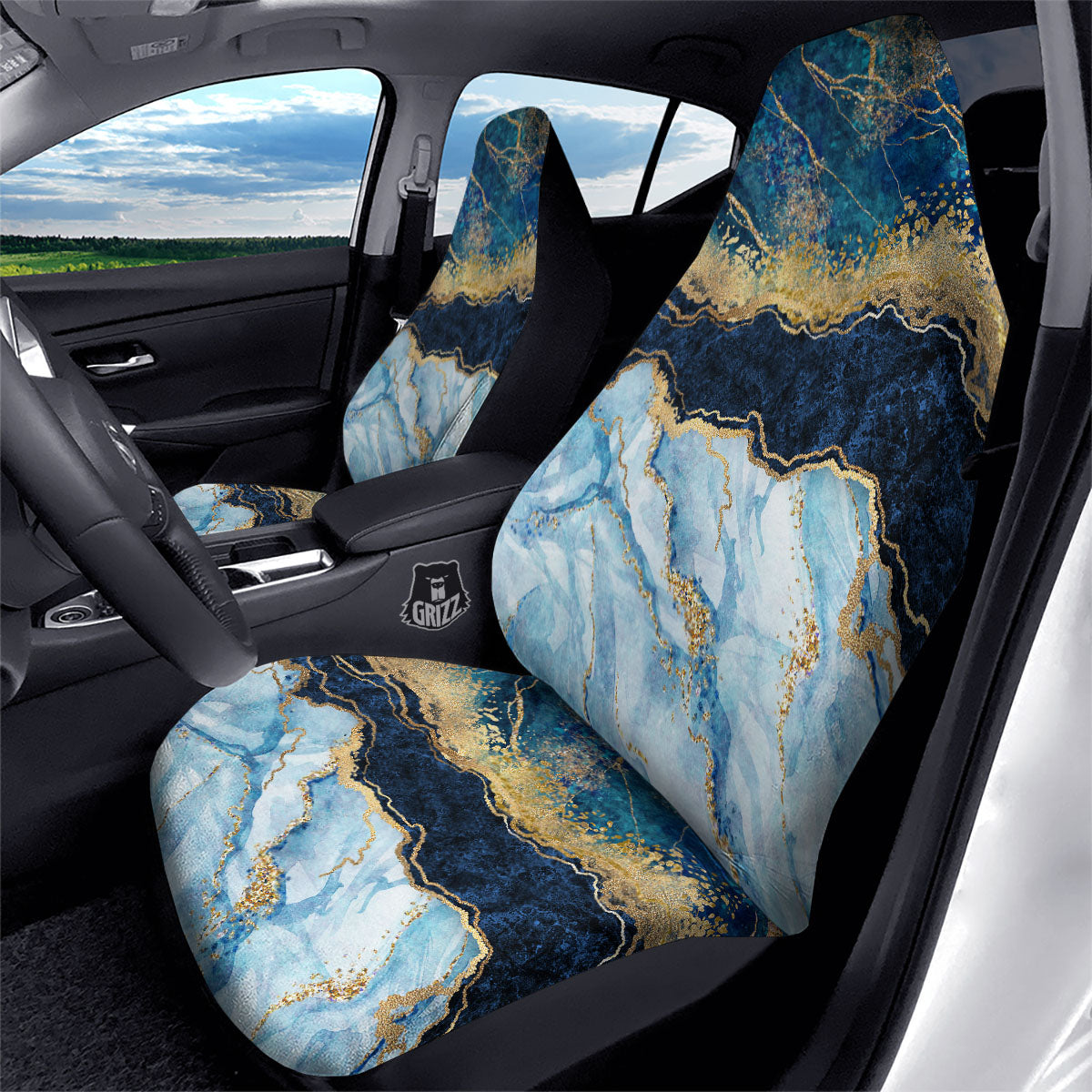 Blue And Gold Marble Print Car Seat Covers-grizzshop