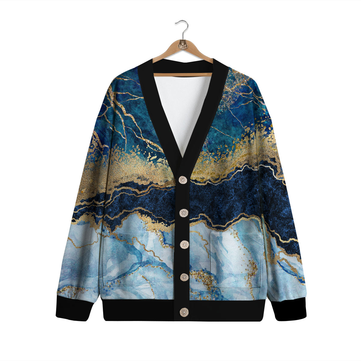 Blue And Gold Marble Print Cardigan-grizzshop
