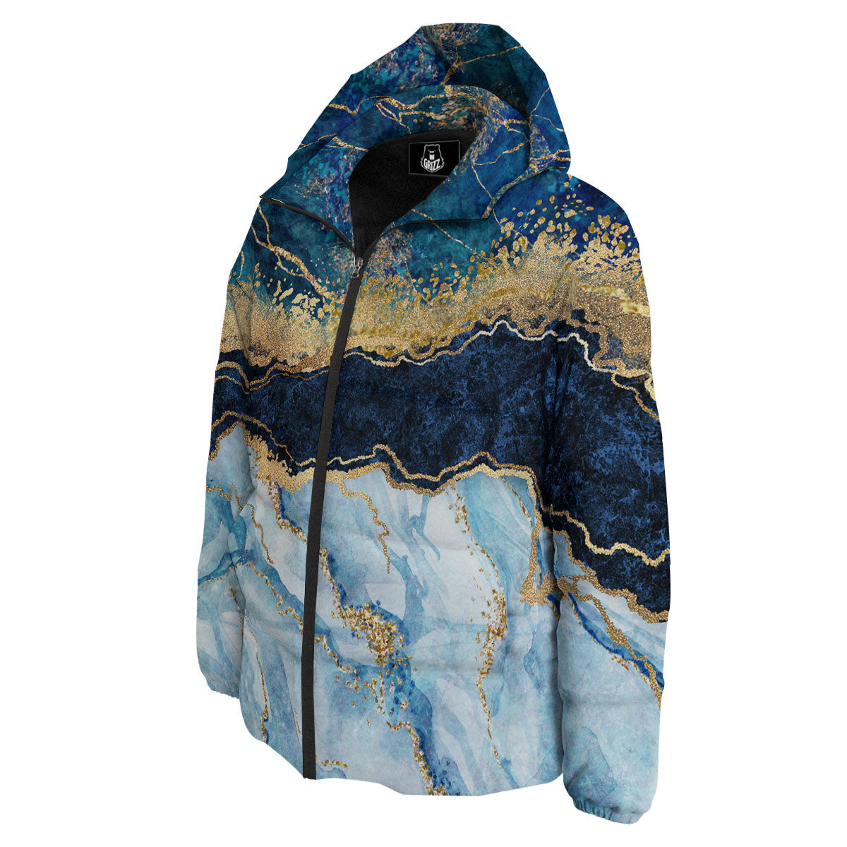 Blue And Gold Marble Print Down Jacket-grizzshop