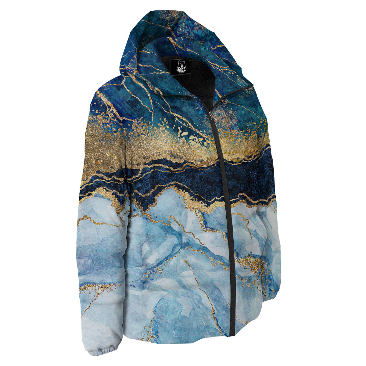 Blue And Gold Marble Print Down Jacket-grizzshop