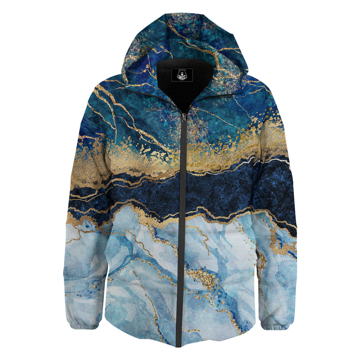 Blue And Gold Marble Print Down Jacket-grizzshop