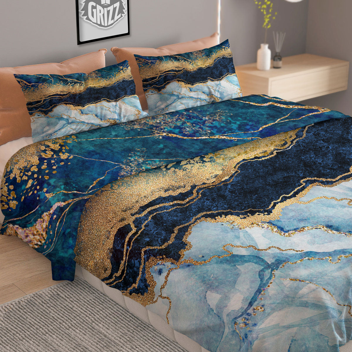 Blue And Gold Marble Print Duvet Cover Bedding Set
