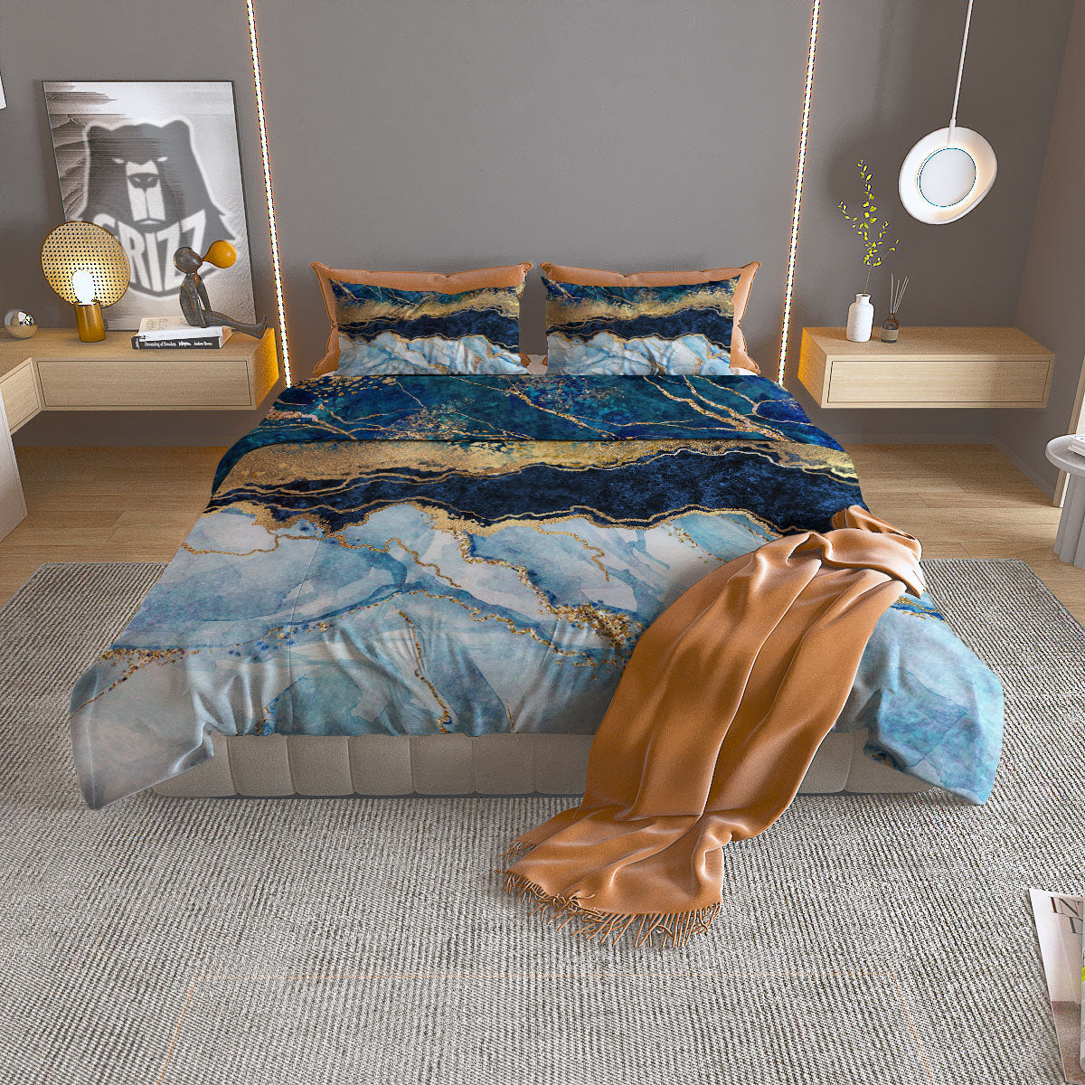 Blue And Gold Marble Print Duvet Cover Bedding Set