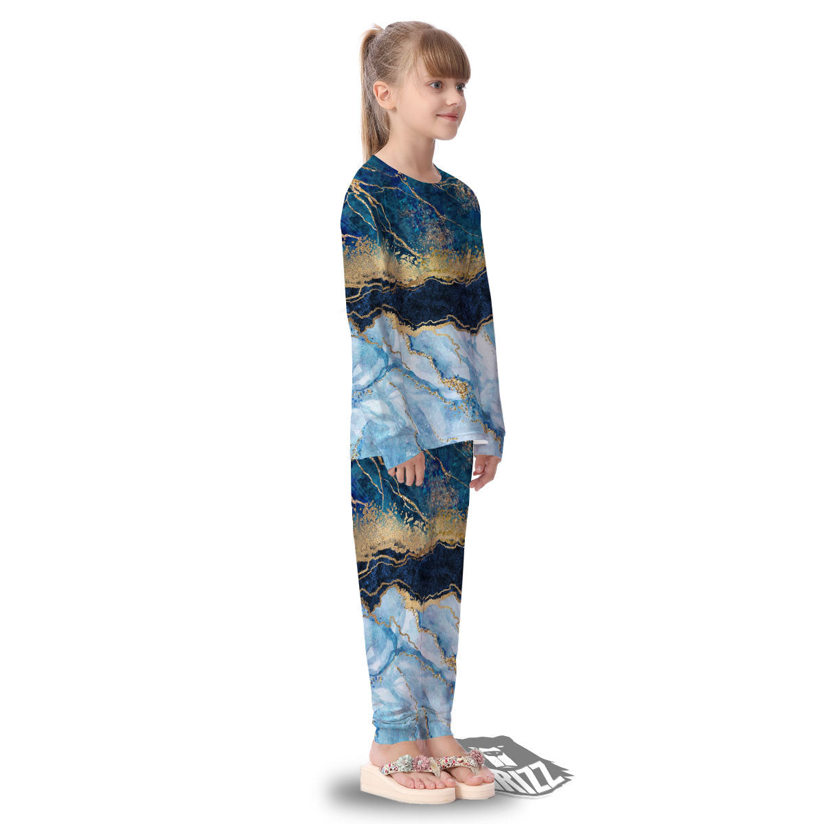 Blue And Gold Marble Print Kid's Pajamas-grizzshop