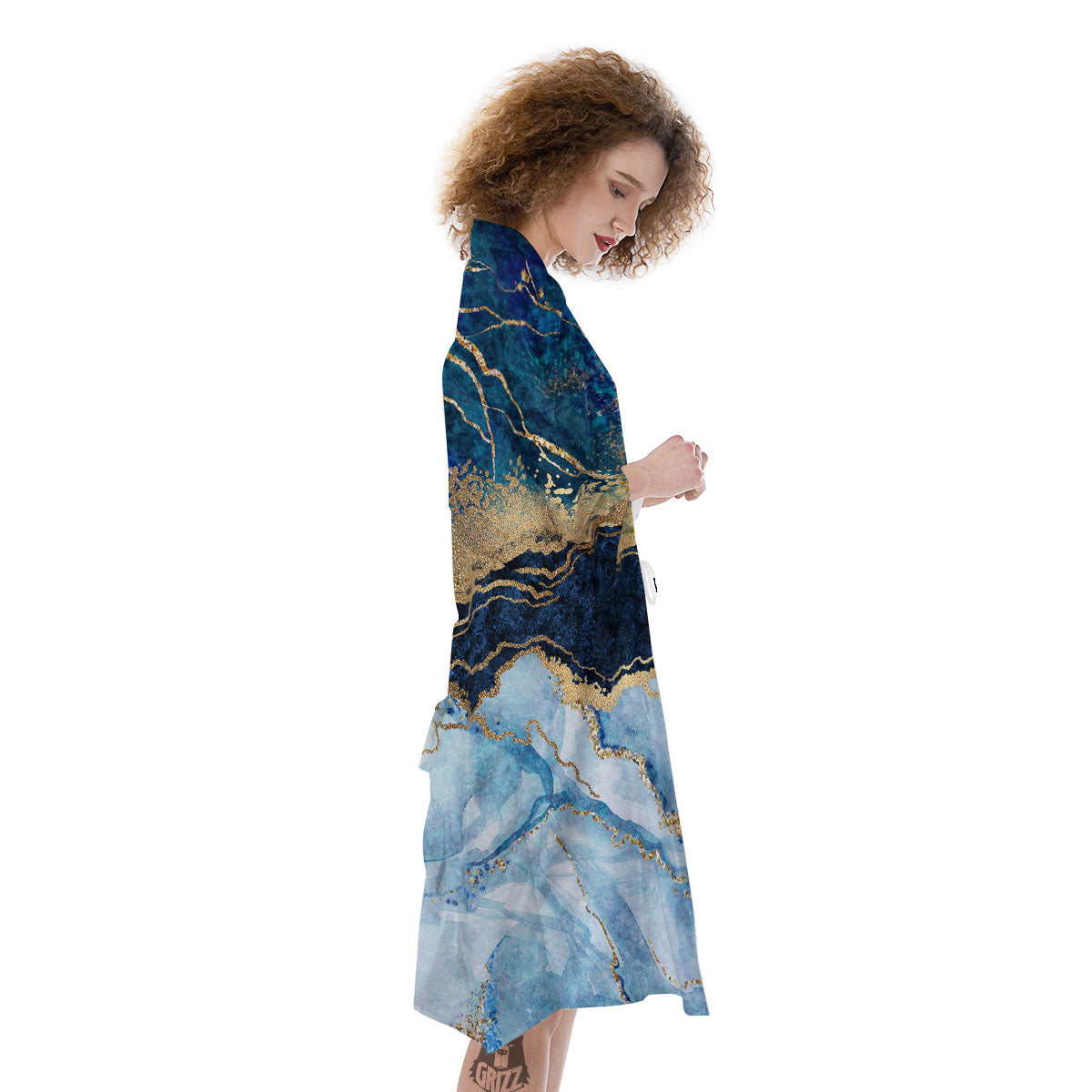 Blue And Gold Marble Print Kimono-grizzshop