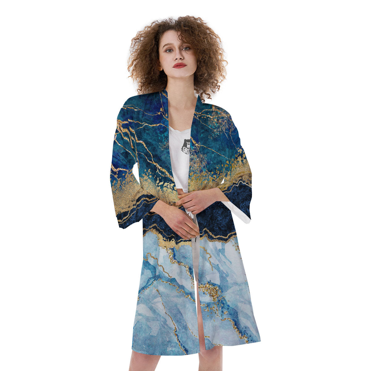 Blue And Gold Marble Print Kimono-grizzshop