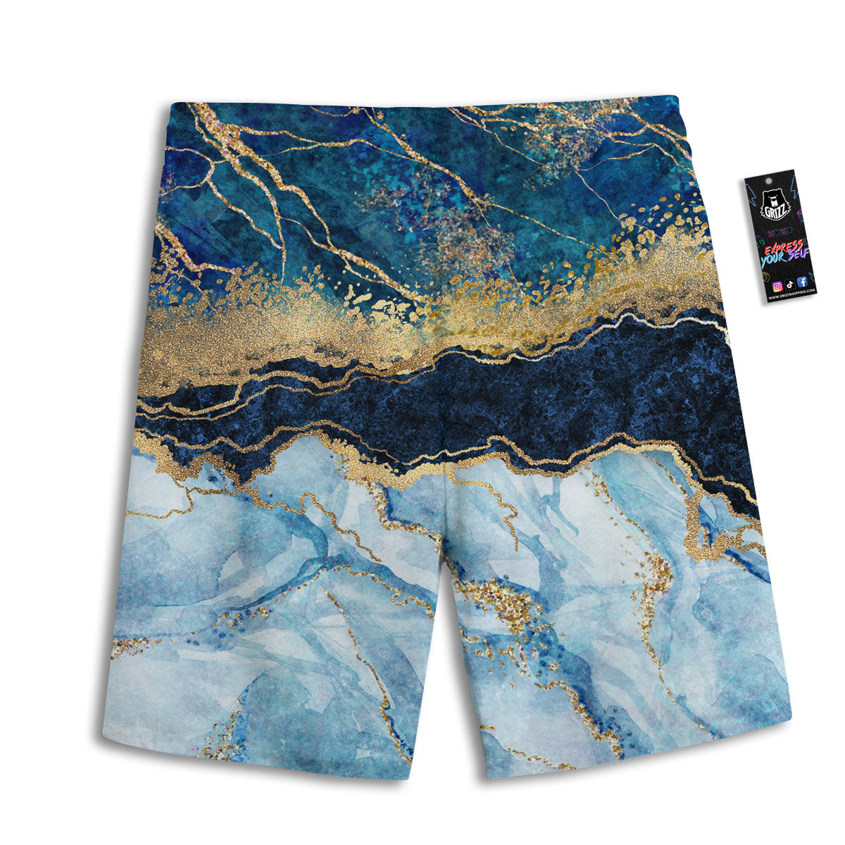 Blue And Gold Marble Print Men's Athletic Shorts