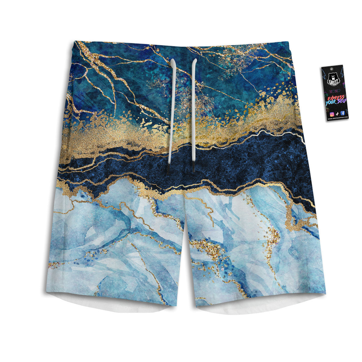 Blue And Gold Marble Print Men's Athletic Shorts