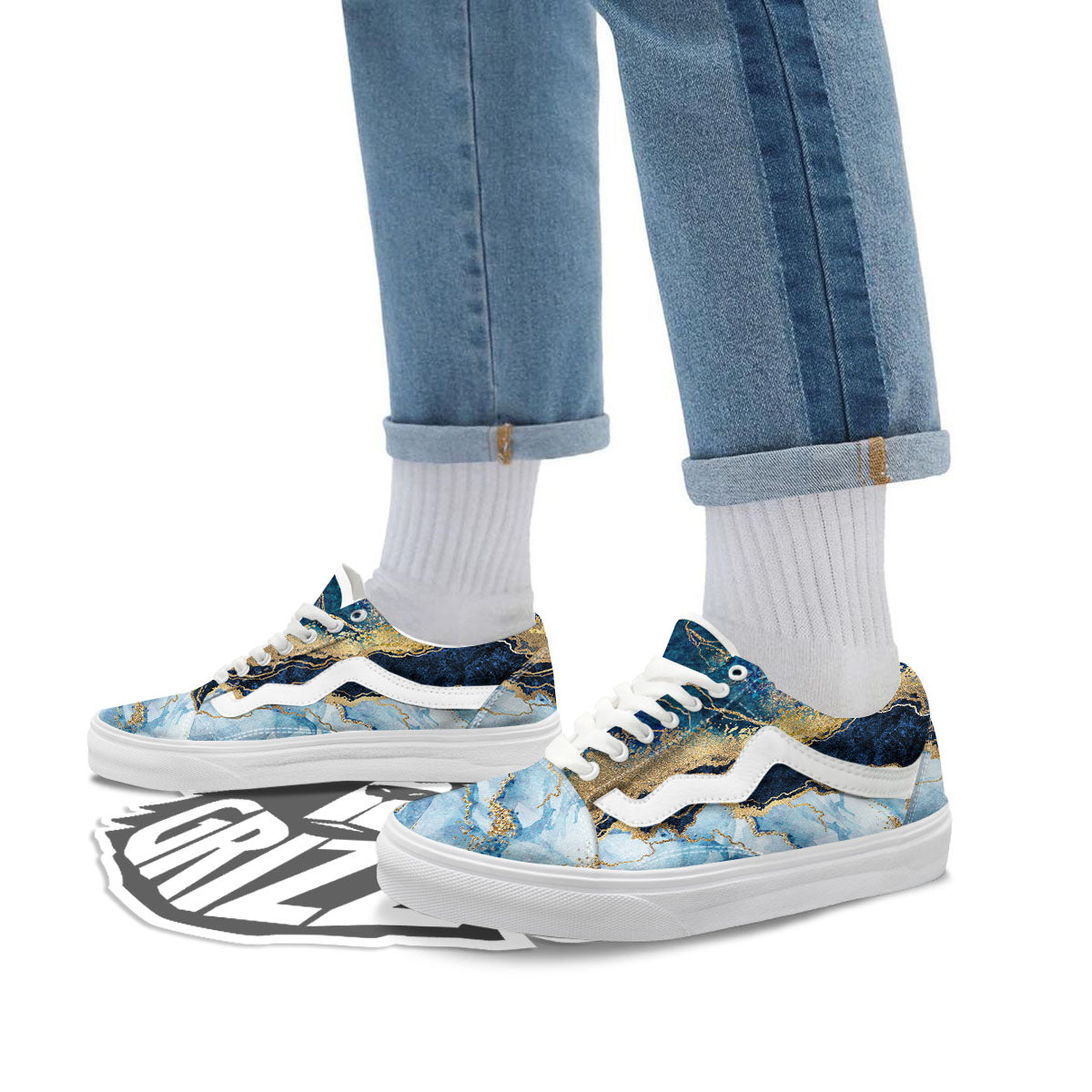 Blue And Gold Marble Print Skate Shoes-grizzshop
