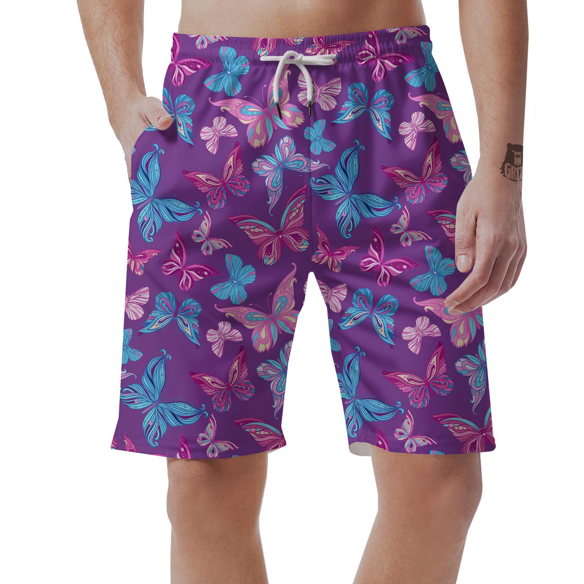 Blue And Pink Butterfly Print Men's Shorts-grizzshop