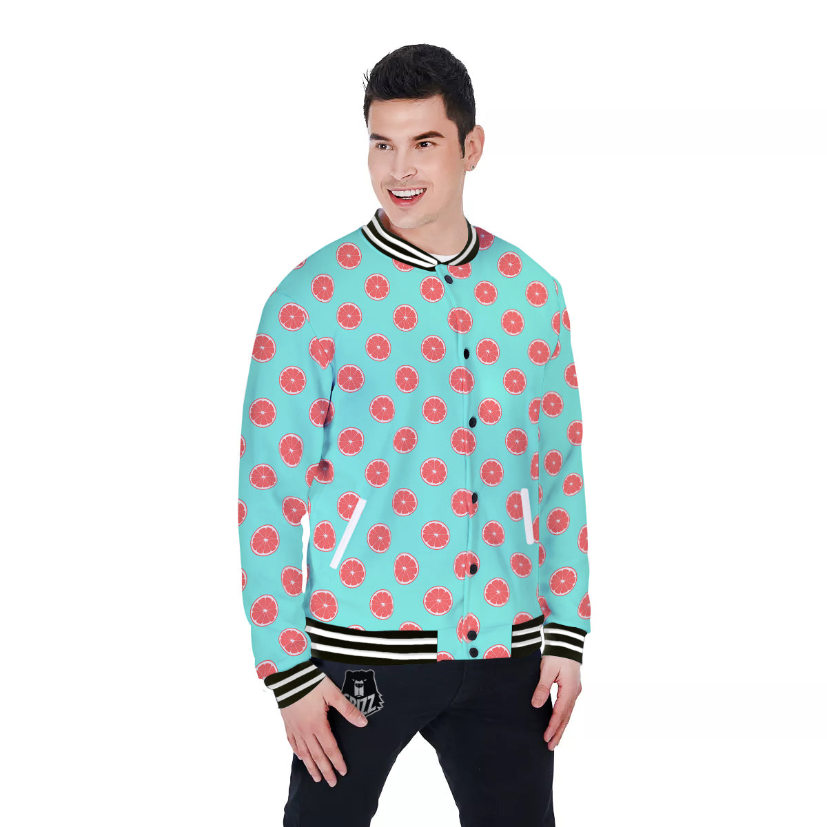 Blue And Pink Grapefruit Sliced Print Pattern Baseball Jacket-grizzshop