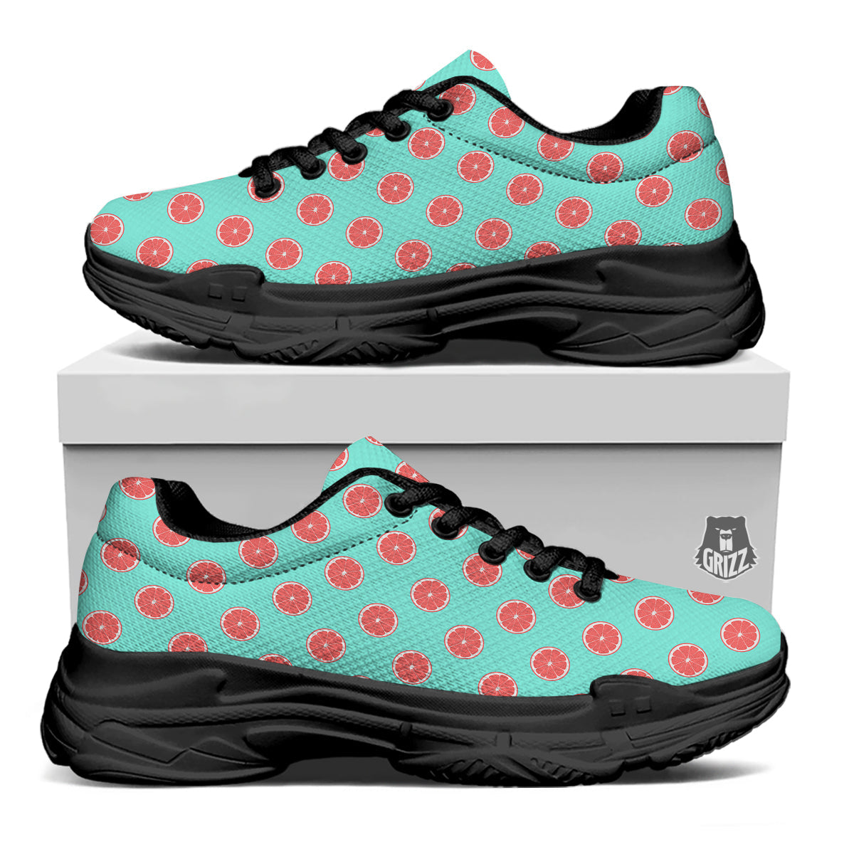 Blue And Pink Grapefruit Sliced Print Pattern Black Chunky Shoes-grizzshop