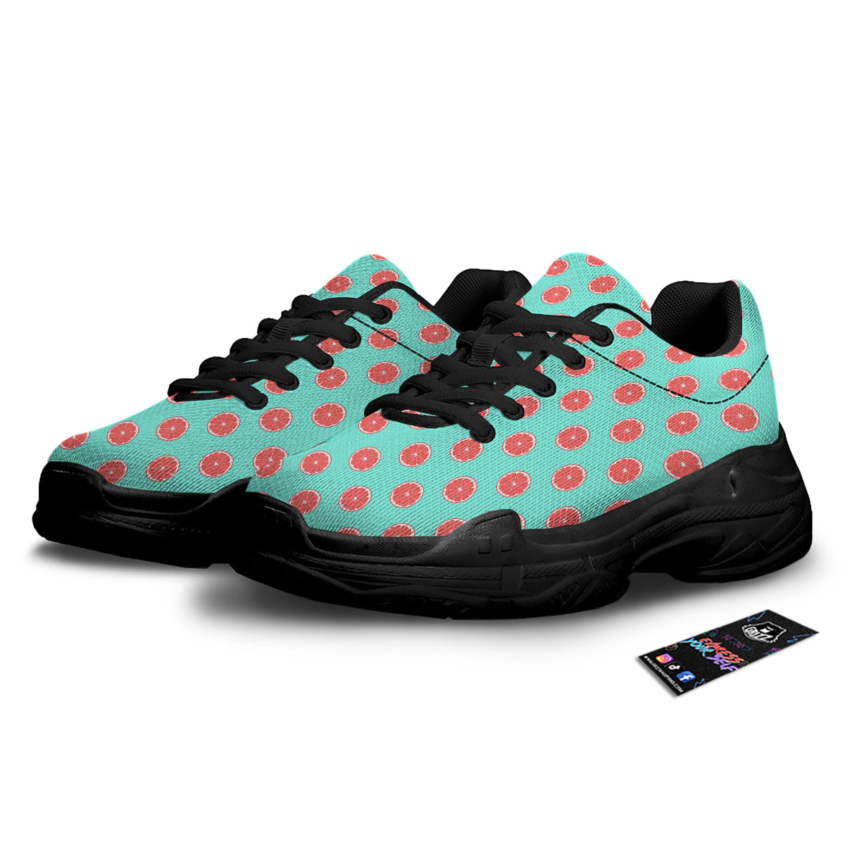 Blue And Pink Grapefruit Sliced Print Pattern Black Chunky Shoes-grizzshop