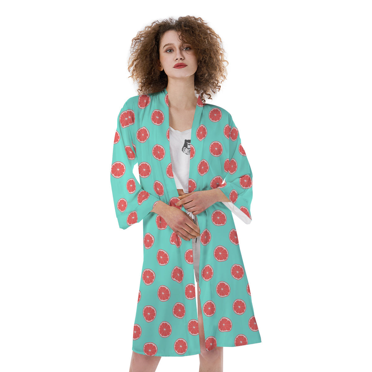 Blue And Pink Grapefruit Sliced Print Pattern Kimono-grizzshop