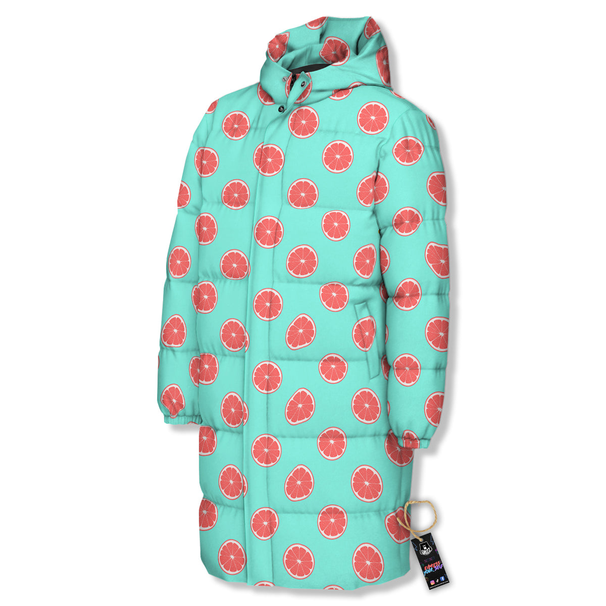 Blue And Pink Grapefruit Sliced Print Pattern Long Down Jacket-grizzshop
