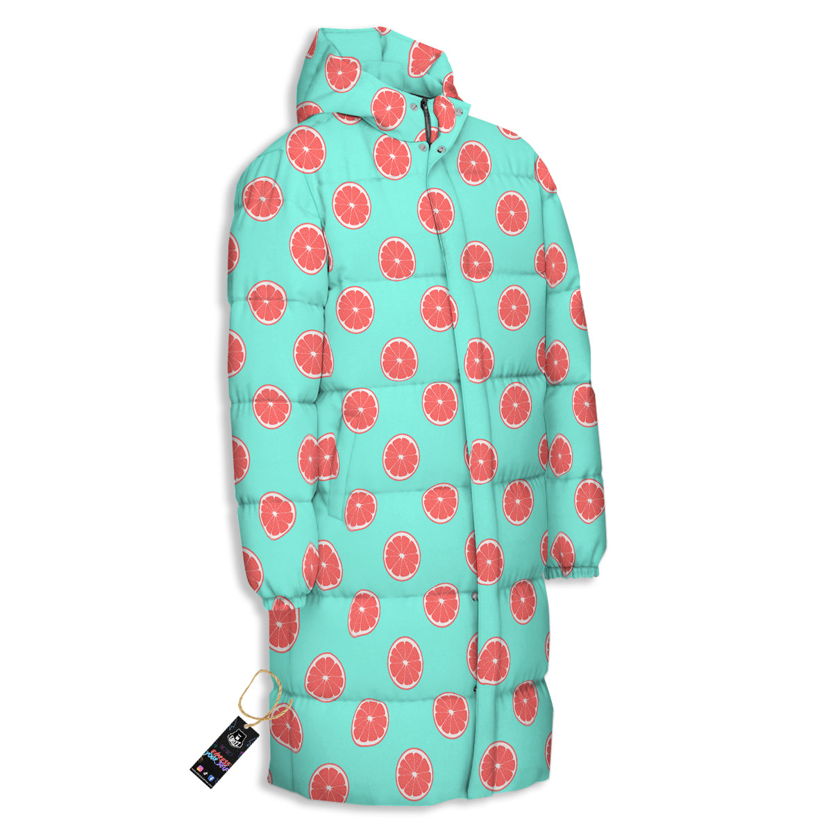 Blue And Pink Grapefruit Sliced Print Pattern Long Down Jacket-grizzshop