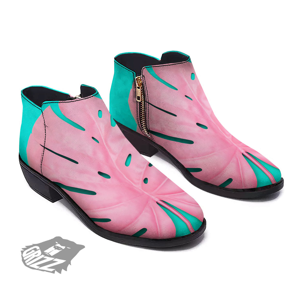 Blue And Pink Tropical Palm Leaf Print Ankle Boots-grizzshop