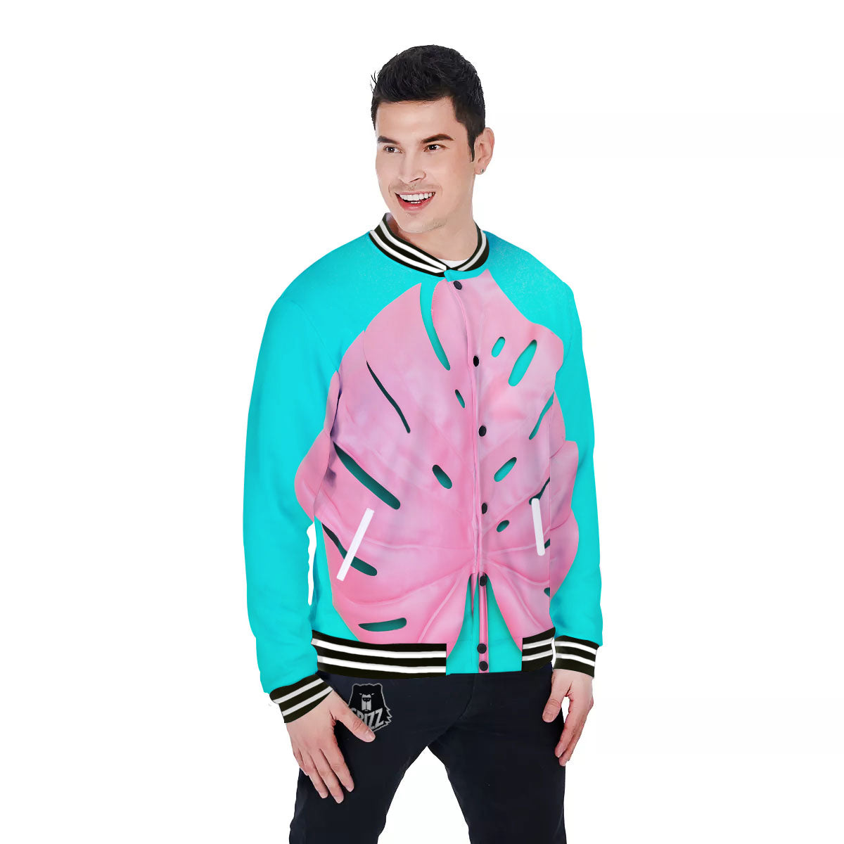 Blue And Pink Tropical Palm Leaf Print Baseball Jacket-grizzshop