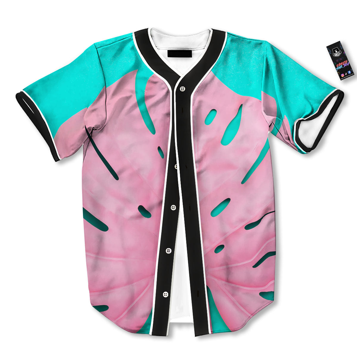 Blue And Pink Tropical Palm Leaf Print Baseball Jersey-grizzshop